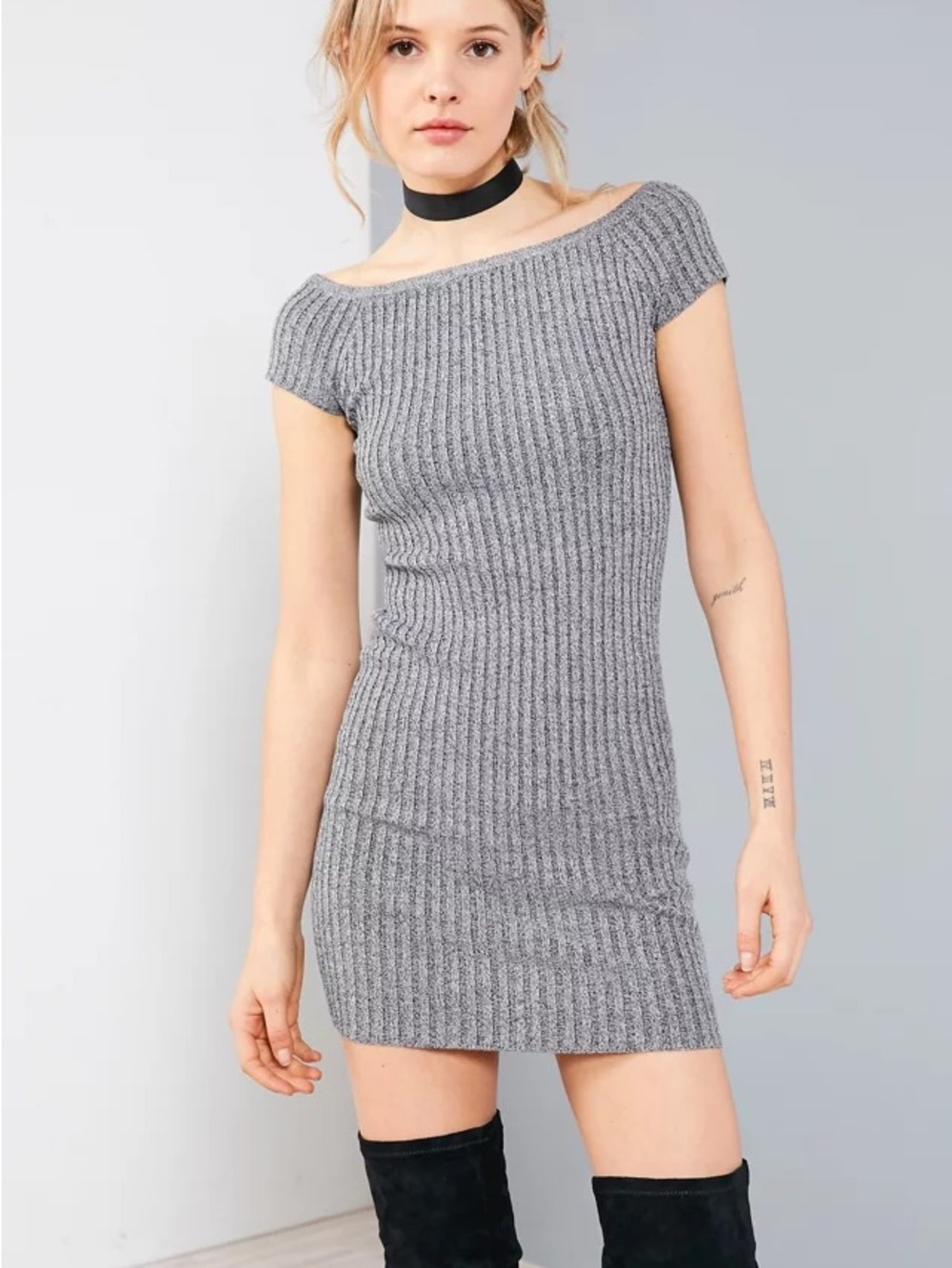 Ribbed Off-Shoulder Grey Bodycon Dress